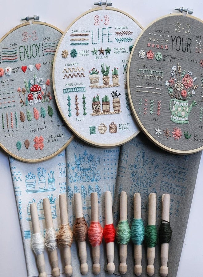 Zollyss Embroidery Kit for Beginners, 3 Pack with Pre-Printed Patterns, 7.8-inch Hoop, 10 Colours Thread, 33 Basic Stitches, Instructions - Image 4